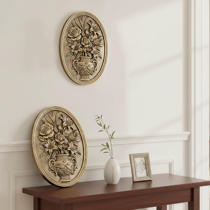 Newinhome Vintage Flower Wall Sculpture 2 Pack ,Antique Wall Decor,Vintage Floral Wall Art, Hand Painted Wall Decoration with Embossed Flowers Design, Gold Wall Decor for Living Room Bedroom Dining Room, Housewarminng Gifts (Gold Flowers) - Image 2