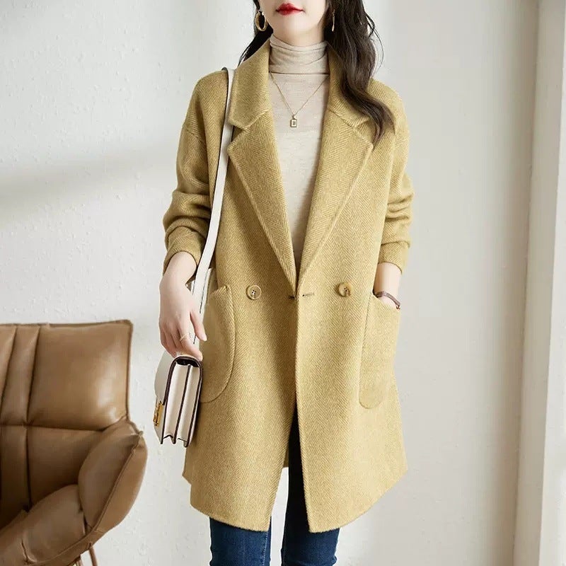 G Woolen Coat Women'S 2025 Korean Style Elegant Thickened Mid-Length Herringbone Woolen Coat Coat - Image 1