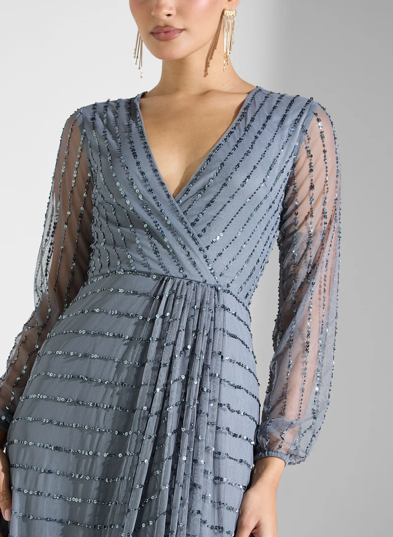 Lace and Beads Embellished Evening Dress