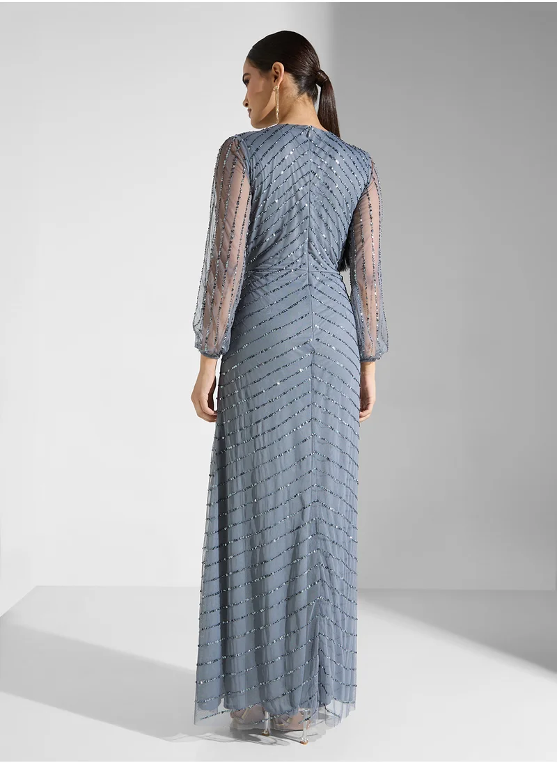 Lace and Beads V-Neck Sequin Maxi Dress