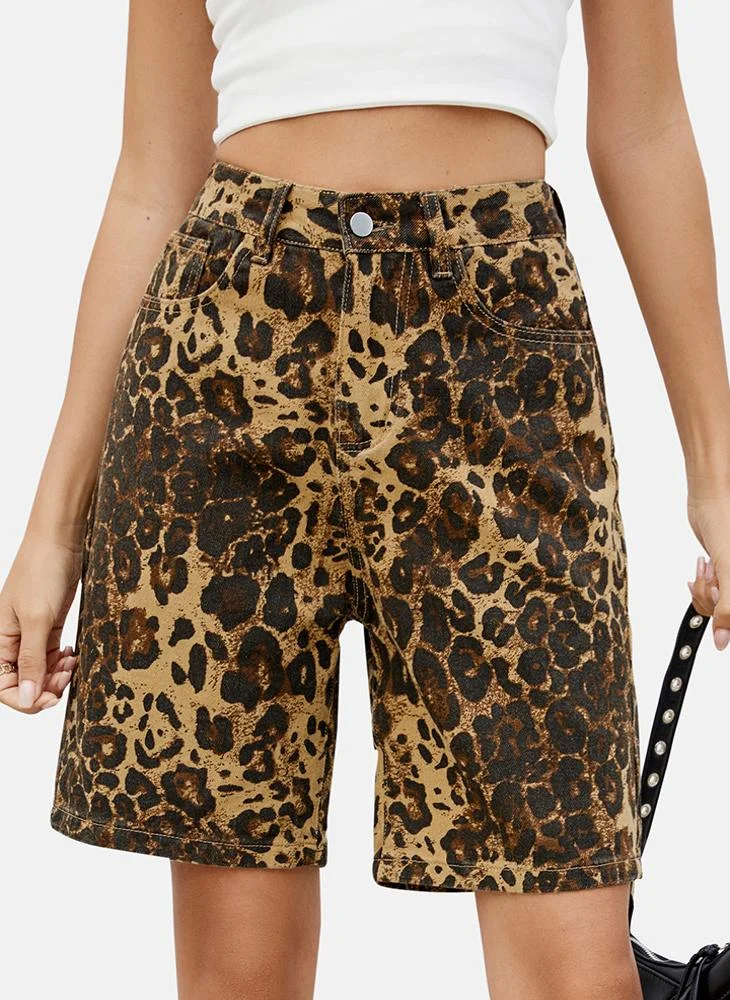 YUNIQEE Brown Mid Rise Animal Print Regular Fit Shorts