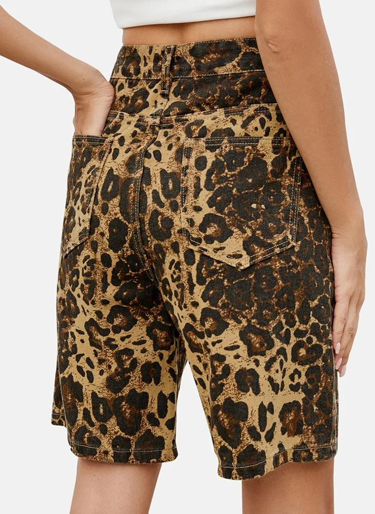 YUNIQEE Brown Mid Rise Animal Print Regular Fit Shorts