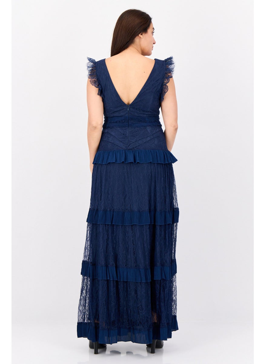 Lulus Women Lace Tiered Maxi Dress, Navy Blue  - Image 4