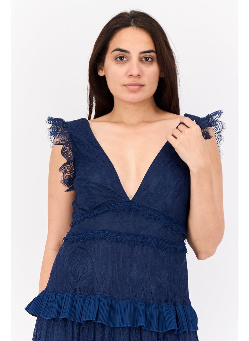 Lulus Women Lace Tiered Maxi Dress, Navy Blue  - Image 3
