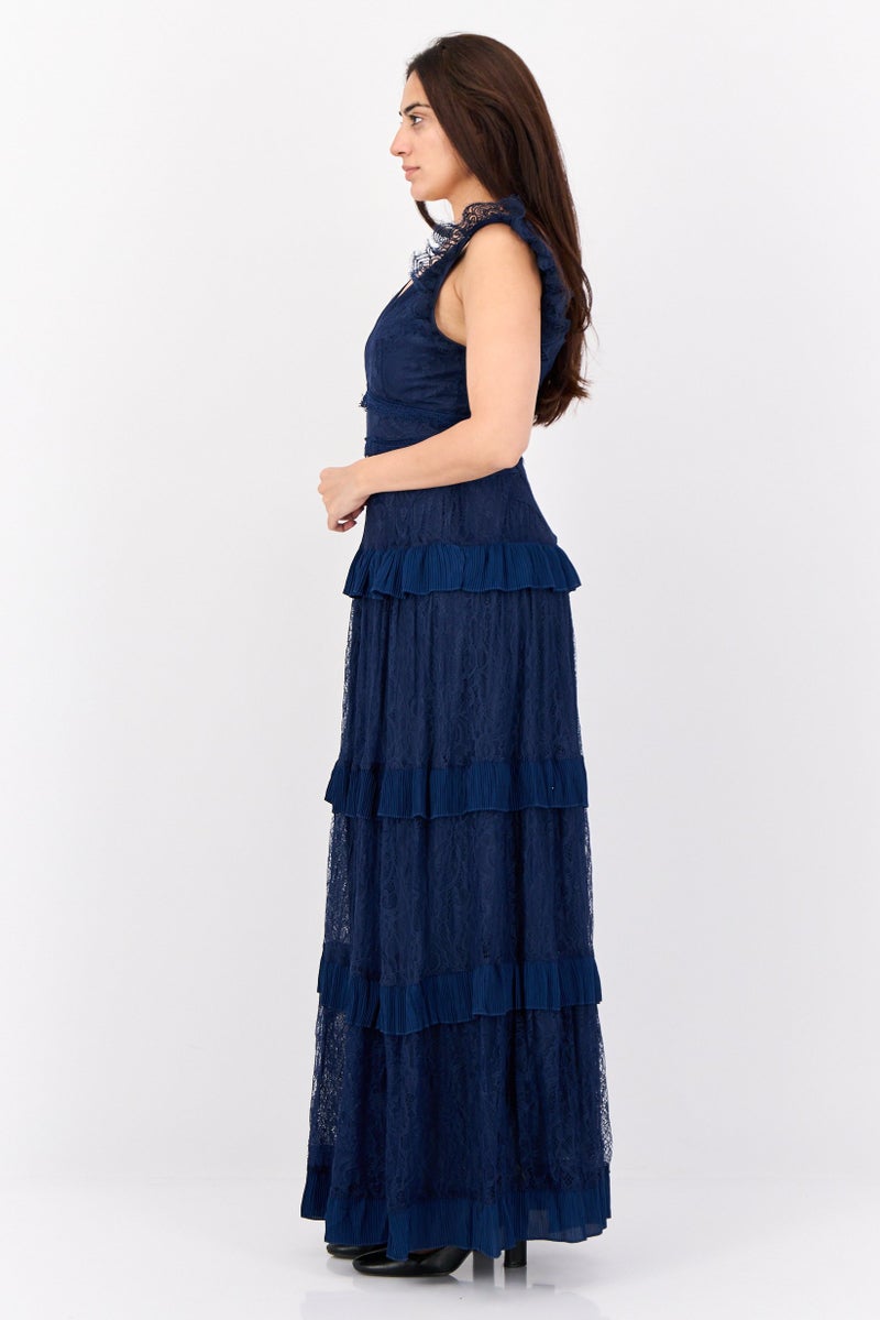 Lulus Women Lace Tiered Maxi Dress, Navy Blue - Image 2