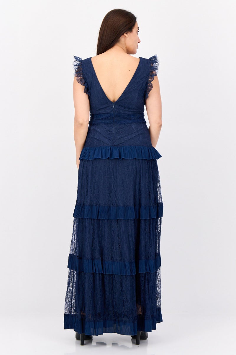 Lulus Women Lace Tiered Maxi Dress, Navy Blue - Image 4