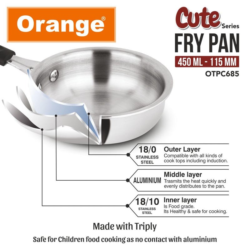 Orange Triply Stainless Steel Mini/Baby/Small Sized (Cute Fry Pan 450 ML) | Heavy Bottom | Induction Friendly | 2.5mm Thickness | Cool Touch Bakelite Stainless Steel Handle | 5Year Warranty - Image 5