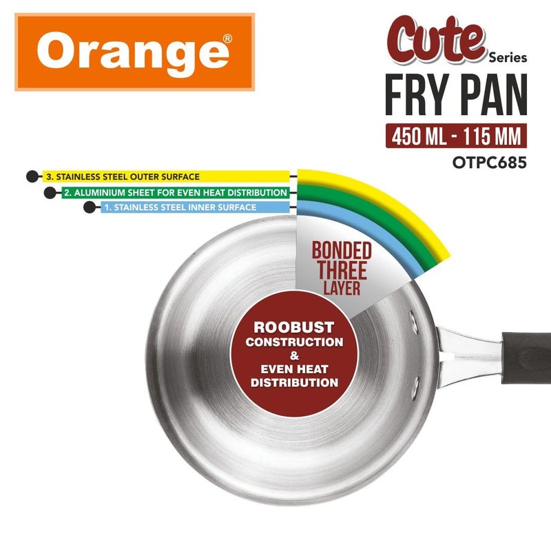 Orange Triply Stainless Steel Mini/Baby/Small Sized (Cute Fry Pan 450 ML) | Heavy Bottom | Induction Friendly | 2.5mm Thickness | Cool Touch Bakelite Stainless Steel Handle | 5Year Warranty - Image 3