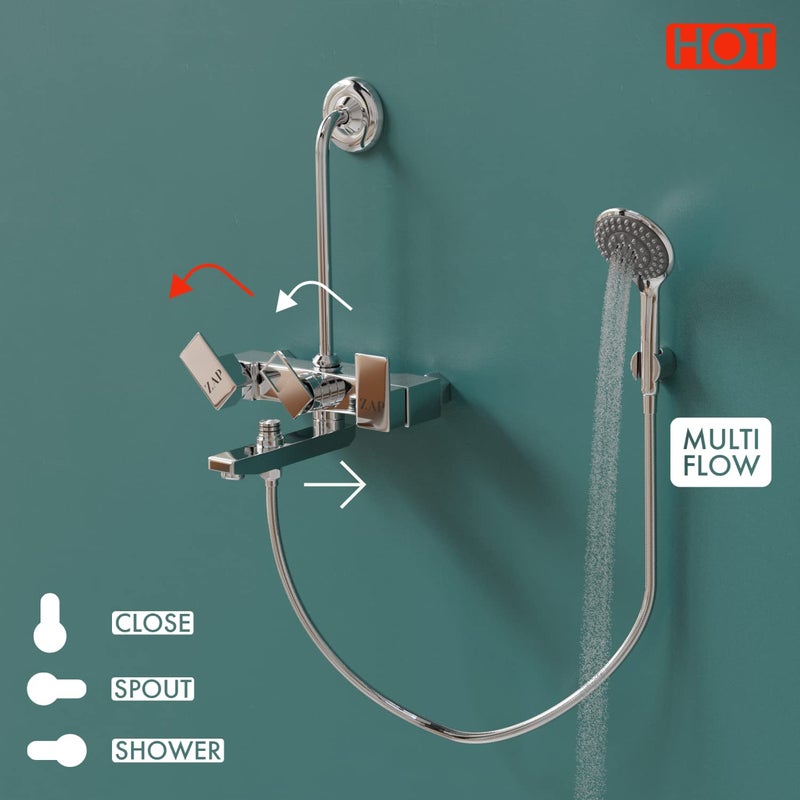 ZAP SKODA Series 100% High Grade Brass 3 in 1 Wall Mixer with Shower Arms & Head | Multi Flow Hand Shower with 1.5 Meter Flexible Tube (Chrome) - Image 3