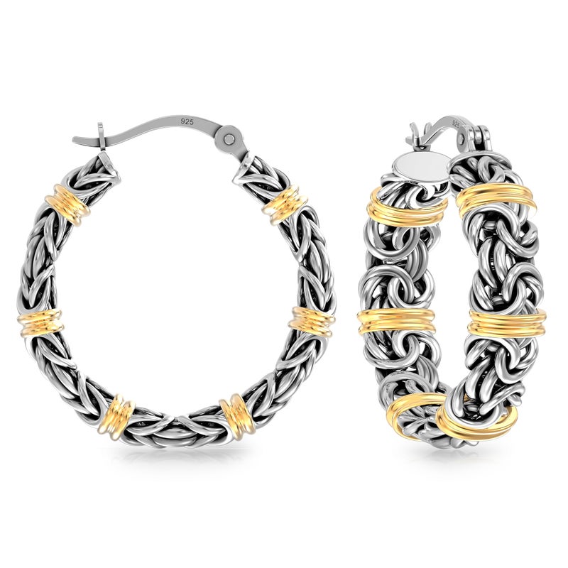 LeCalla 14K Gold-Plated Byzantine Station Hoop Earrings in Sterling Silver | Chunky 925 Silver Two-Tone Click-Top Earring Hoops for Women - 25MM - Image 1