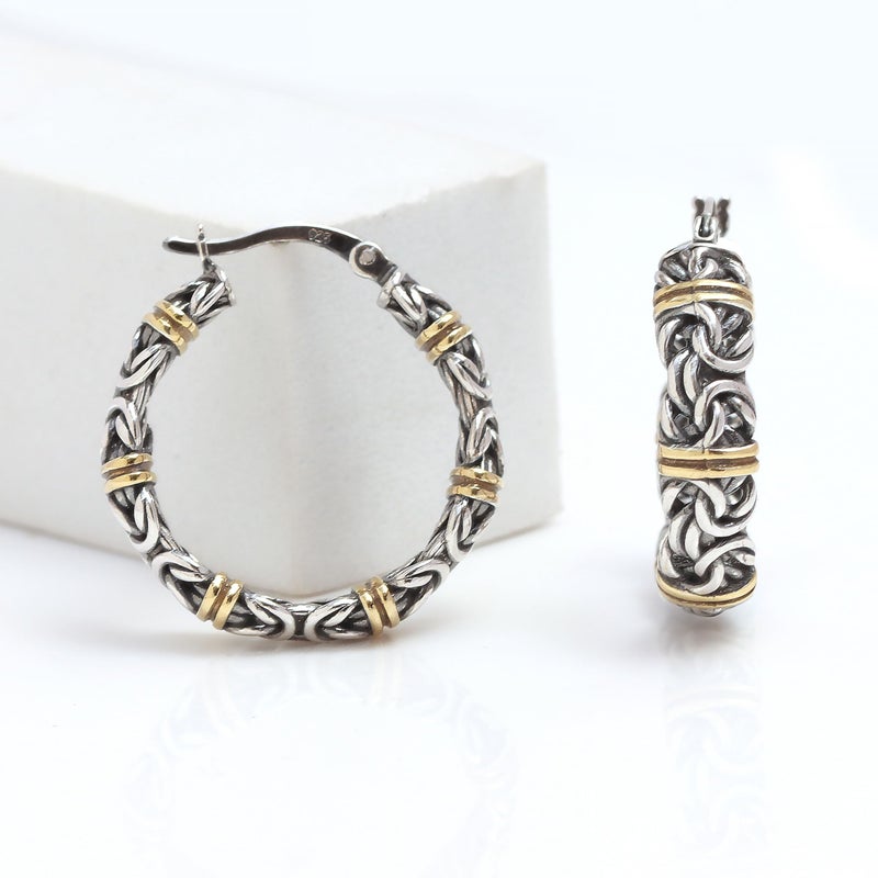 LeCalla 14K Gold-Plated Byzantine Station Hoop Earrings in Sterling Silver | Chunky 925 Silver Two-Tone Click-Top Earring Hoops for Women - 25MM - Image 5