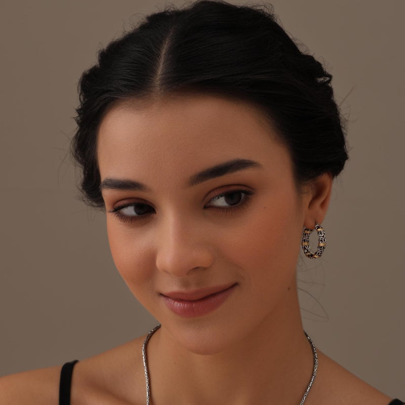 LeCalla 14K Gold-Plated Byzantine Station Hoop Earrings in Sterling Silver | Chunky 925 Silver Two-Tone Click-Top Earring Hoops for Women - 25MM - Image 3