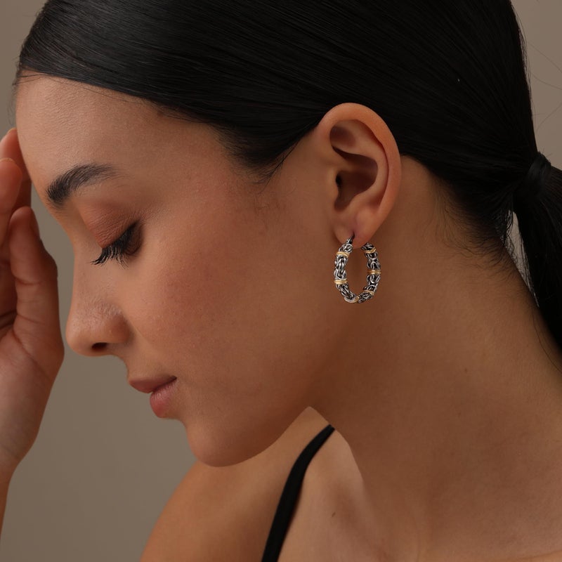 LeCalla 14K Gold-Plated Byzantine Station Hoop Earrings in Sterling Silver | Chunky 925 Silver Two-Tone Click-Top Earring Hoops for Women - 25MM - Image 2