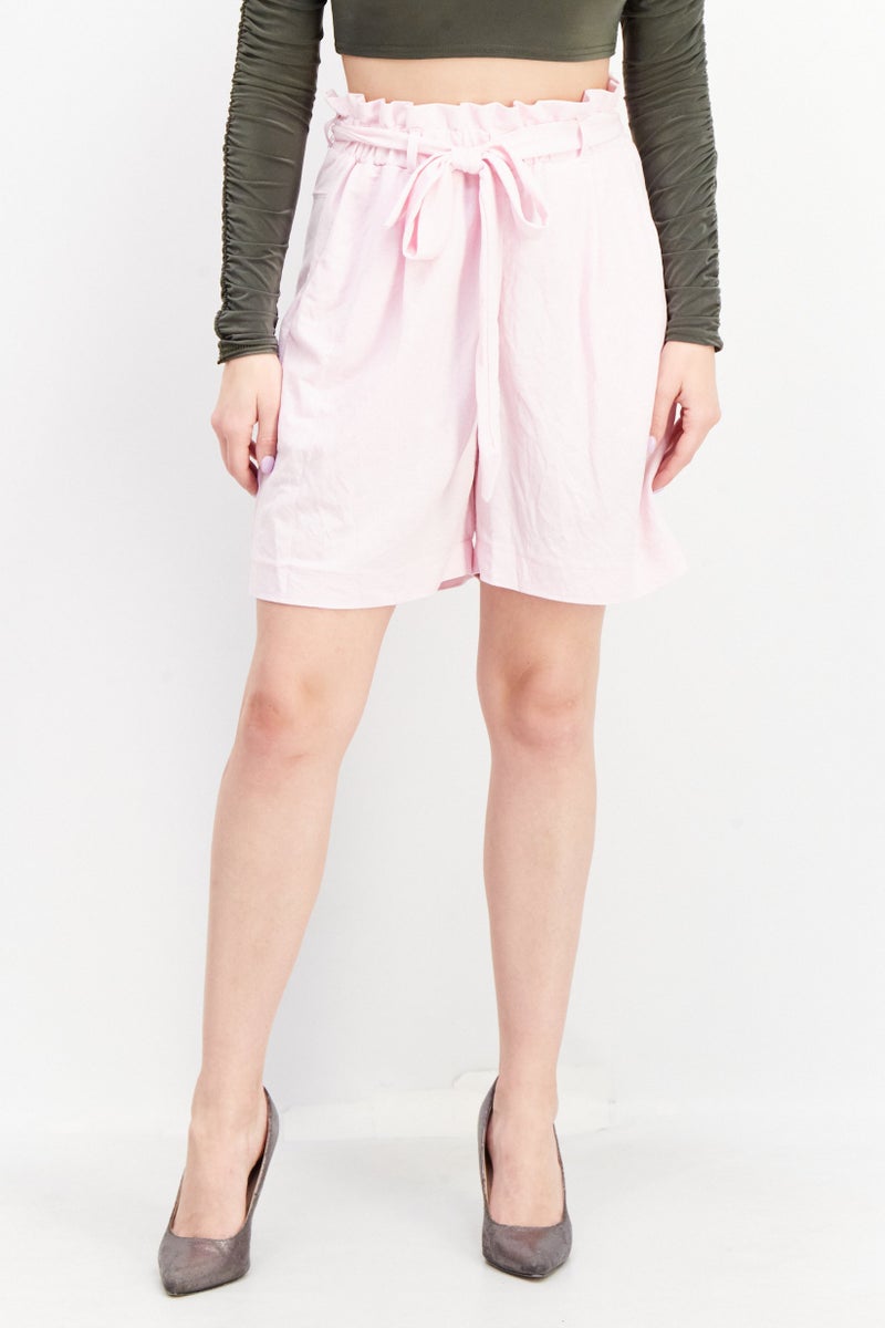ESPRIT Women Solid Paperbag Waist Shorts, Pink - Image 1