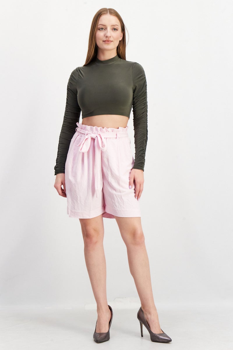 ESPRIT Women Solid Paperbag Waist Shorts, Pink - Image 2
