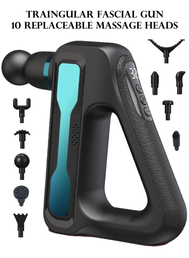 Triangular Fascial Massager - 10 Replaceable Heads, 32 Vibration Gears Massage Gun for Deep Tissue Muscle Therapy, Portable with LCD Display and Type-C Charging, Noise Reduction Technology, Pain Relief Body Electric Massager, Foot Massager, Head Massager, Mini Massage Gun