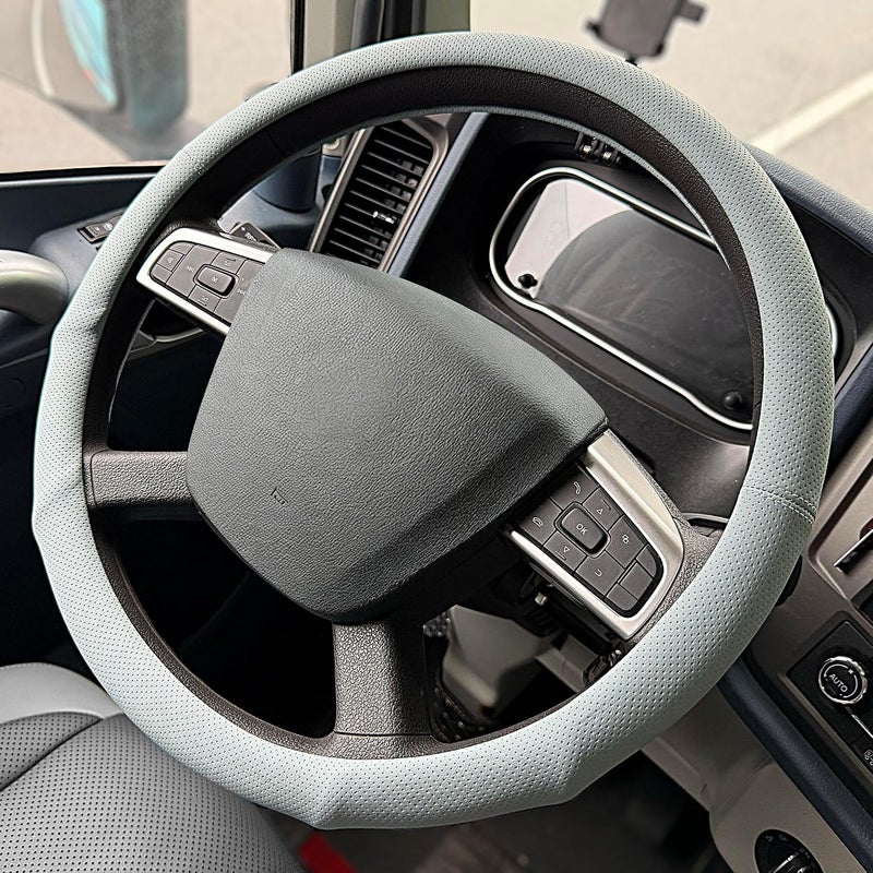 PINCTROT XL 17.5-18in Nappa Leather Supported Grip Steering Wheel Cover for Semi Truck, Fits RV, Big Rig Trucker, 18 Wheeler and Classic Cars, Anti-Slip Slim Perforated Design 17.5-18 Inch (Ice Blue) - Image 1