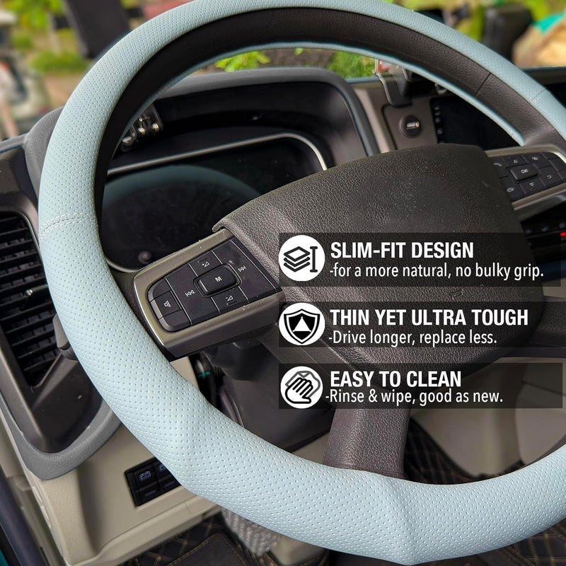 PINCTROT XL 17.5-18in Nappa Leather Supported Grip Steering Wheel Cover for Semi Truck, Fits RV, Big Rig Trucker, 18 Wheeler and Classic Cars, Anti-Slip Slim Perforated Design 17.5-18 Inch (Ice Blue) - Image 3