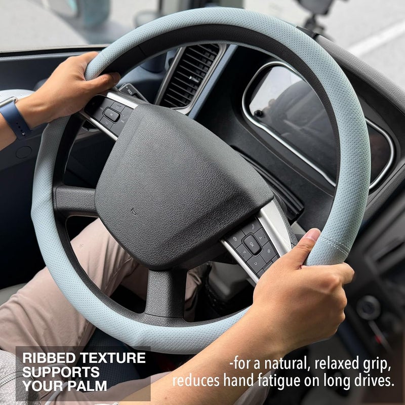 PINCTROT XL 17.5-18in Nappa Leather Supported Grip Steering Wheel Cover for Semi Truck, Fits RV, Big Rig Trucker, 18 Wheeler and Classic Cars, Anti-Slip Slim Perforated Design 17.5-18 Inch (Ice Blue) - Image 2
