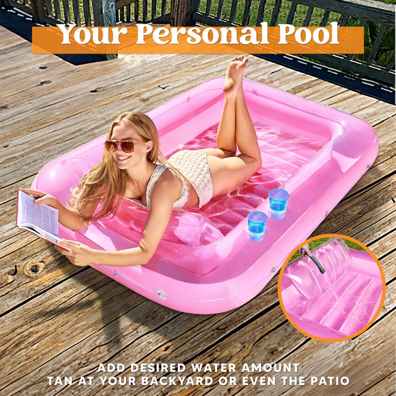 Sloosh Inflatable Tanning Pool Lounge Float, 70" x 46" Suntan Tub Raft Floatie, Tanning Pool with Pillow, Personal Pool Lounger for Adult Summer Water Party, L-Pink - Image 3