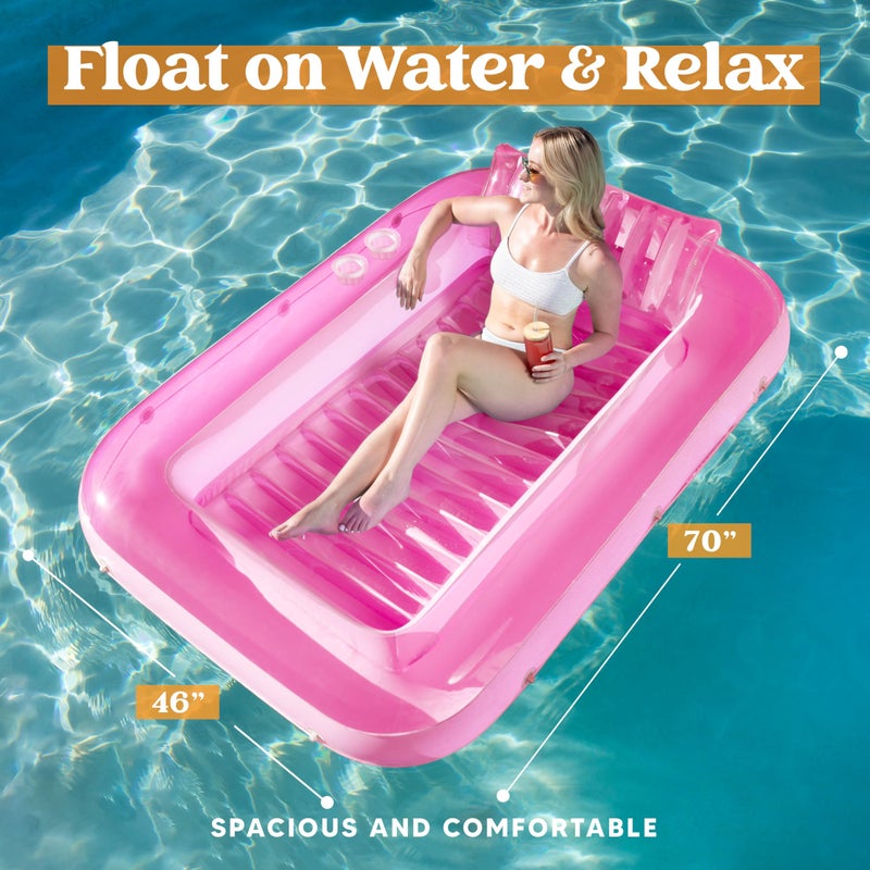 Sloosh Inflatable Tanning Pool Lounge Float, 70" x 46" Suntan Tub Raft Floatie, Tanning Pool with Pillow, Personal Pool Lounger for Adult Summer Water Party, L-Pink - Image 2