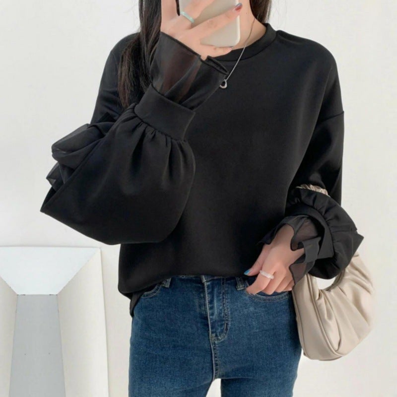 2024 New Spring Japanese womens clothing see-through mesh stitching shoulder sleeve solid color loose fake two-piece Top 3 colors Brown - Image 3