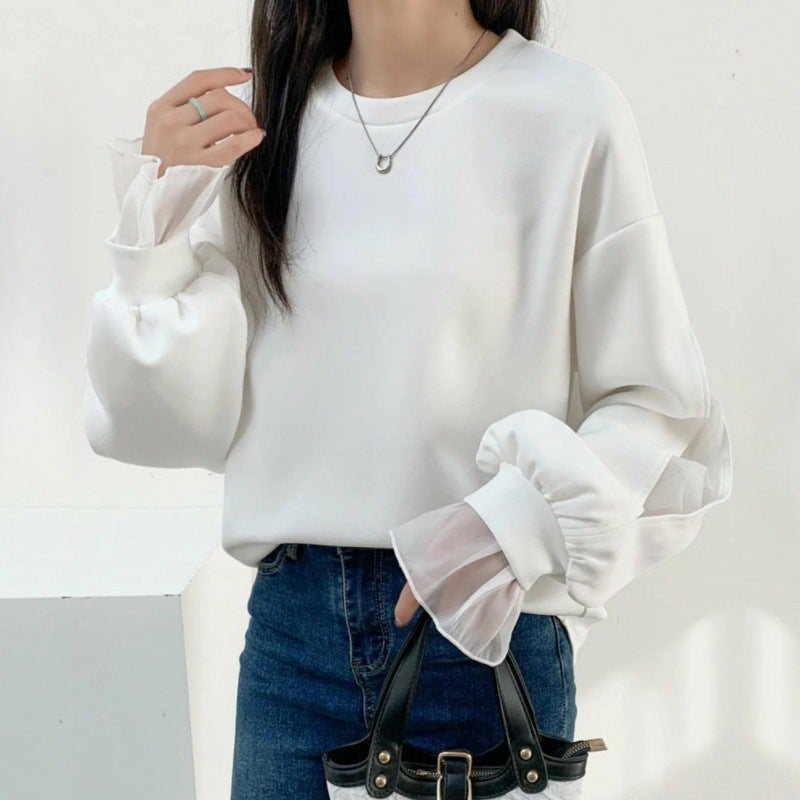 2024 New Spring Japanese womens clothing see-through mesh stitching shoulder sleeve solid color loose fake two-piece Top 3 colors Brown - Image 2