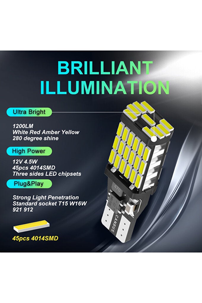 rayihni T15 WHITE 2pcs T15 4014 45chips W16W LED Backup Light Reserve Lamp Canbus Bulbs NO Error High Power - Image 2