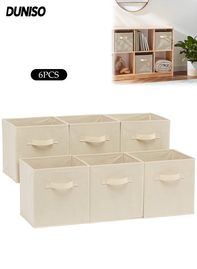 DUNISO Collapsible Fabric Storage Cubes Organizer with Handles,Set of 6 Beige Storage Cubes  Fabric Bins with Handles for Clothes Toys Books Organization(30x30x30 cm) - Image 1