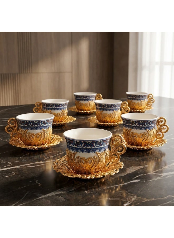 ACAR Luxury Turkish Coffee Cup Set 18 Pieces - 6 Porcelain Cups with 6 Elegant Gold-Colored Holders & 6 Metal Saucers | Made in Turkey - Image 1