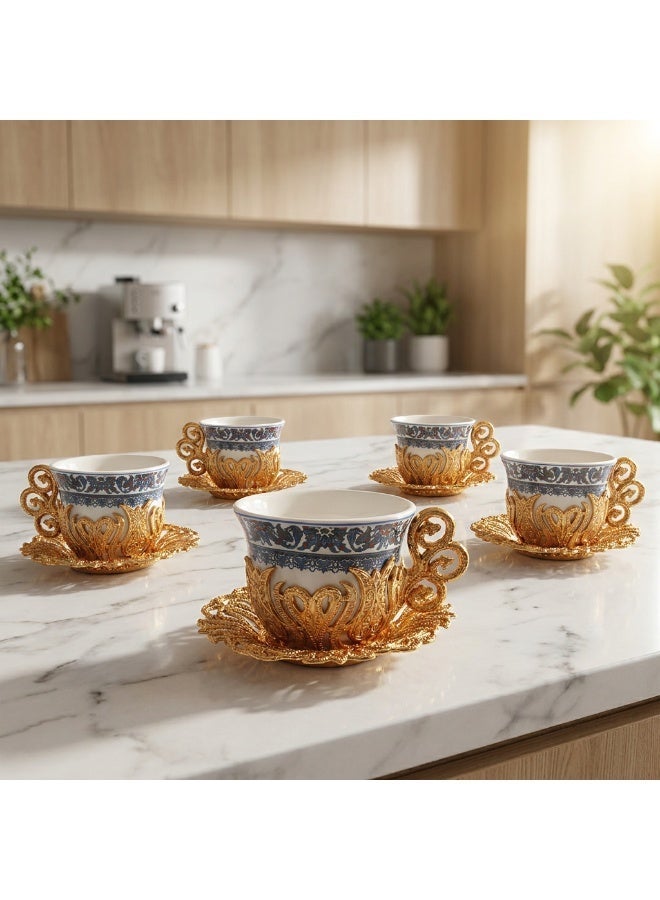 ACAR Luxury Turkish Coffee Cup Set 18 Pieces - 6 Porcelain Cups with 6 Elegant Gold-Colored Holders & 6 Metal Saucers | Made in Turkey - Image 4
