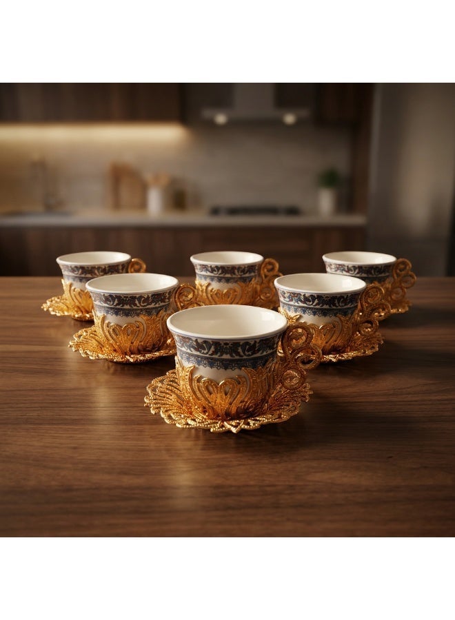 ACAR Luxury Turkish Coffee Cup Set 18 Pieces - 6 Porcelain Cups with 6 Elegant Gold-Colored Holders & 6 Metal Saucers | Made in Turkey - Image 3