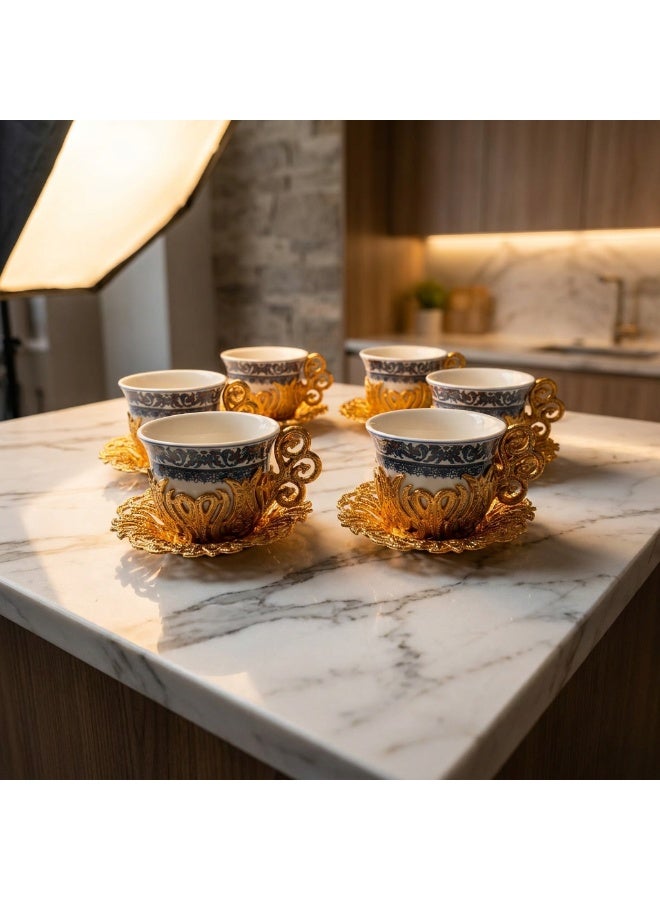 ACAR Luxury Turkish Coffee Cup Set 18 Pieces - 6 Porcelain Cups with 6 Elegant Gold-Colored Holders & 6 Metal Saucers | Made in Turkey - Image 5