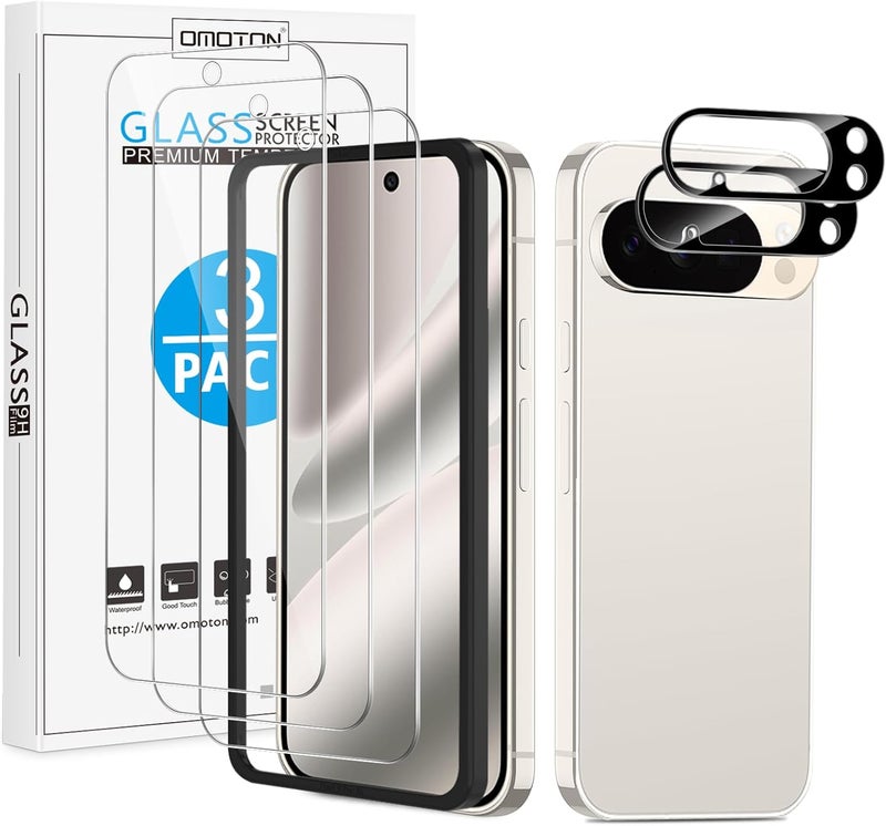 Omoton حزمة 3+2 لواقي شاشة Google Pixel 10 Pro بحجم 6.3 بوصة، 3 حزمة من واقي الشاشة الزجاجي المقسى و2 حزمة من واقي عدسة الكاميرا مع إطار محاذاة، متوافق مع الحافظة (غير متوافق مع 10/10 Pro XL) - Image 1