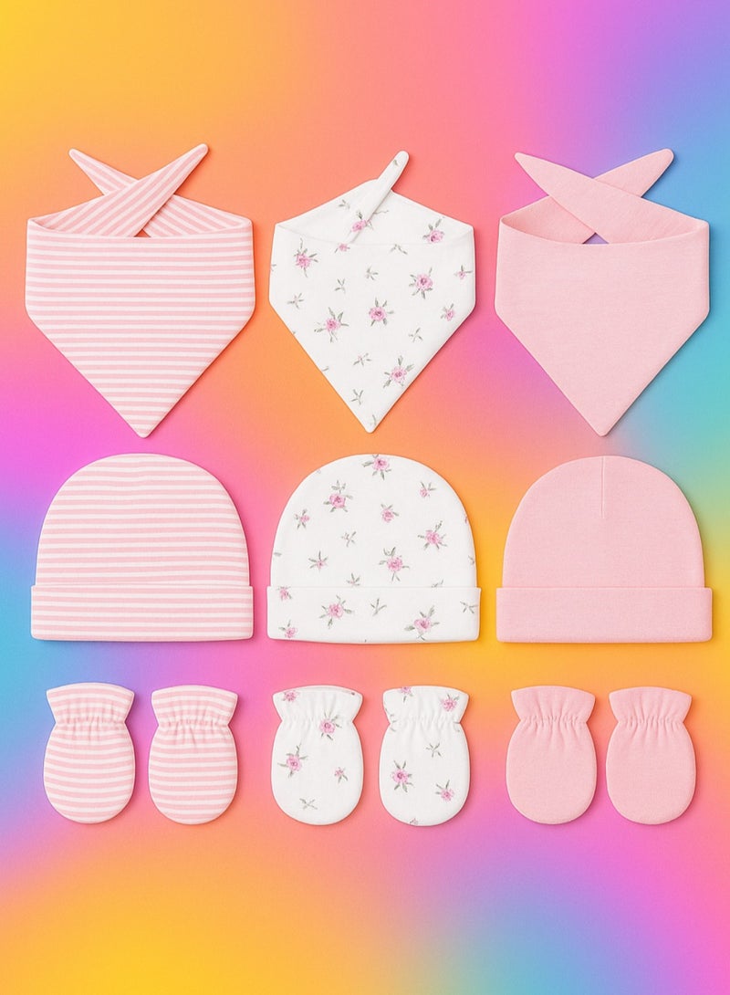 Kisunya 9pcs Newborn Infant Hat Set with Bibs – Includes 3pcs Soft Baby Hats, 3pcs Mittens, 3pcs Absorbent Bibs in Pink Floral Design – Cotton Newborn Essentials for Girls, Comfortable and Breathable, Ideal for Hospital Use and Daily Wear - Image 1