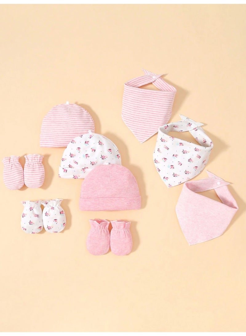Kisunya 9pcs Newborn Infant Hat Set with Bibs – Includes 3pcs Soft Baby Hats, 3pcs Mittens, 3pcs Absorbent Bibs in Pink Floral Design – Cotton Newborn Essentials for Girls, Comfortable and Breathable, Ideal for Hospital Use and Daily Wear - Image 3