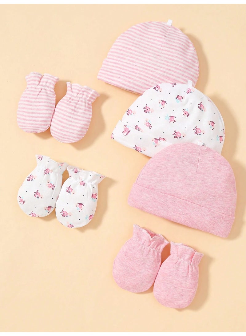 Kisunya 9pcs Newborn Infant Hat Set with Bibs – Includes 3pcs Soft Baby Hats, 3pcs Mittens, 3pcs Absorbent Bibs in Pink Floral Design – Cotton Newborn Essentials for Girls, Comfortable and Breathable, Ideal for Hospital Use and Daily Wear - Image 4