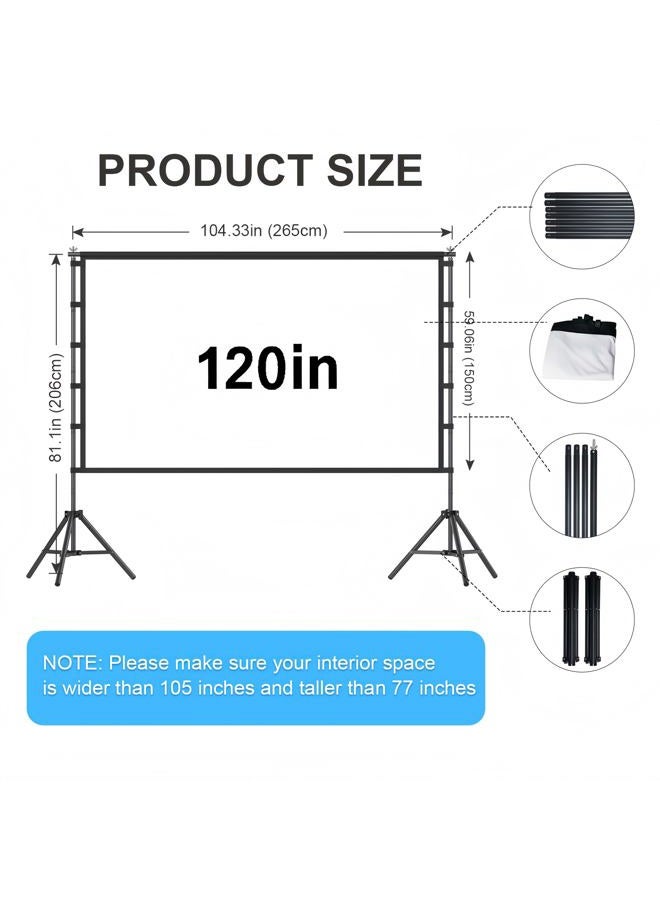 VntB 120 inch Projector Screen with Stand, Portable Outdoor Projection Screen Rear Front Movie Screen with Carry Bag Wrinkle-Free 16:9 4K Washable for Indoor Home Theater, Backyard Movie Night - Image 2