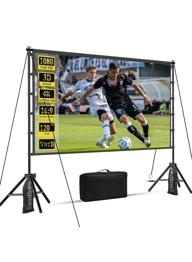 VntB 120 inch Projector Screen with Stand, Portable Outdoor Projection Screen Rear Front Movie Screen with Carry Bag Wrinkle-Free 16:9 4K Washable for Indoor Home Theater, Backyard Movie Night - Image 1