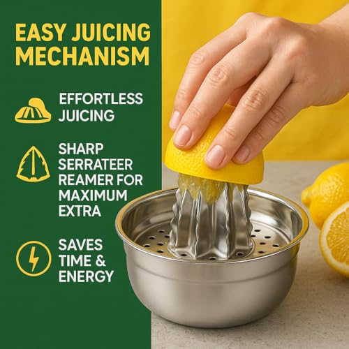 NOHUNT Premium Stainless Steel Manual Citrus Juicer, Hand Press Squeezer with Honeycomb Filter Bowl, Large Capacity Lemon Orange Juice Strainer, 12.2x12.2x6.8 cm (Round) - Image 2