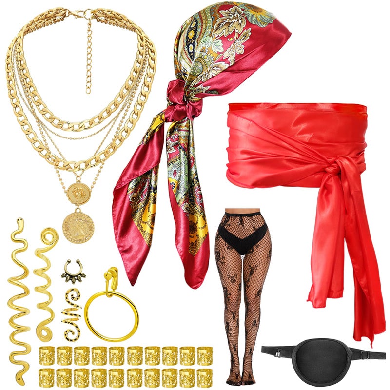 RechicGu 30 Pcs Women Pirate Costume Accessories Set Men Pirate Hat Eye Patch Mock Silk Head Scarf Sash Belt Woman Skull Stocking Layered Necklace Earring Pirates Jewelry for Cruise Cosplay Party Red - Image 1