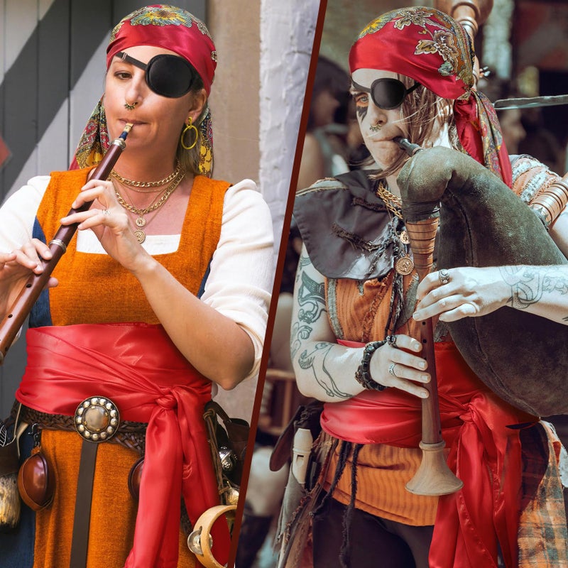 RechicGu 30 Pcs Women Pirate Costume Accessories Set Men Pirate Hat Eye Patch Mock Silk Head Scarf Sash Belt Woman Skull Stocking Layered Necklace Earring Pirates Jewelry for Cruise Cosplay Party Red - Image 2