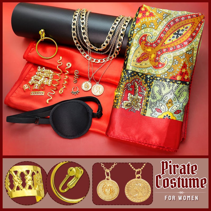 RechicGu 30 Pcs Women Pirate Costume Accessories Set Men Pirate Hat Eye Patch Mock Silk Head Scarf Sash Belt Woman Skull Stocking Layered Necklace Earring Pirates Jewelry for Cruise Cosplay Party Red - Image 3