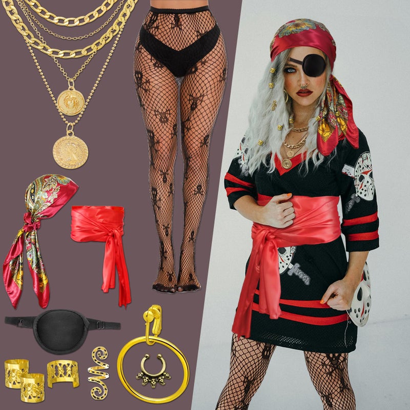 RechicGu 30 Pcs Women Pirate Costume Accessories Set Men Pirate Hat Eye Patch Mock Silk Head Scarf Sash Belt Woman Skull Stocking Layered Necklace Earring Pirates Jewelry for Cruise Cosplay Party Red - Image 5