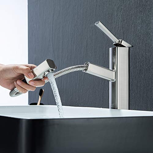 KAIYING Pull Down Vessel Sink Faucet, Single Handle Tall Bathroom Faucet with Pull Out Sprayer, Single Hole High Vanity Basin Mixer Tap, Lavatory Utility Sink Faucets (Tall, Brushed Nickel) - Image 1