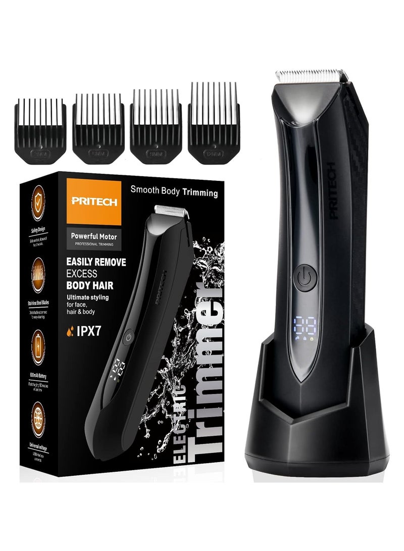 pritech Body Hair Trimmer for Men Pubic Hair Trimmer - Wet/Dry Ball Trimmer with Ceramic Clipper, Rechargeable Body Groomer for Men with Standing Recharge Dock, Cordless Groin Hair Trimmer for Men - Image 1