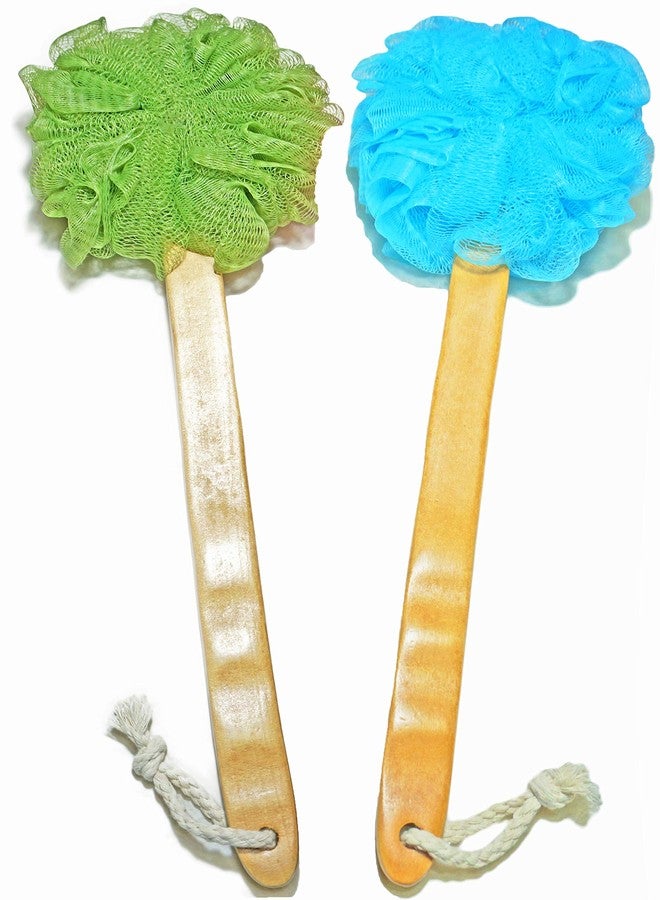 JINS-Hung Shower Loofah Body & Back Scrubber - Exfoliating luffa loofa Bath Brush On a Stick - with Long Wooden Handle Back Brush for Men & Women - Easy Reach Body Wash & Lotion Applicator（2Pack-Blue&Green - Image 1