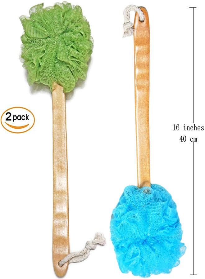 JINS-Hung Shower Loofah Body & Back Scrubber - Exfoliating luffa loofa Bath Brush On a Stick - with Long Wooden Handle Back Brush for Men & Women - Easy Reach Body Wash & Lotion Applicator（2Pack-Blue&Green - Image 2