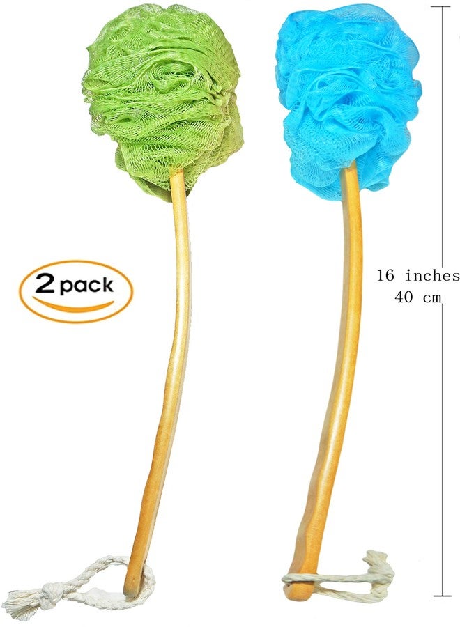 JINS-Hung Shower Loofah Body & Back Scrubber - Exfoliating luffa loofa Bath Brush On a Stick - with Long Wooden Handle Back Brush for Men & Women - Easy Reach Body Wash & Lotion Applicator（2Pack-Blue&Green - Image 3