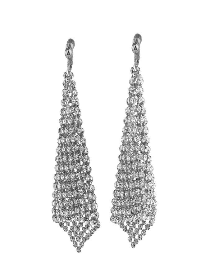 GRACE JUN Fashion Rhinestone Large Geometric Clip on Earrings No Pierced Bridal Wedding Ear Clip (569Silver clip on) - Image 1